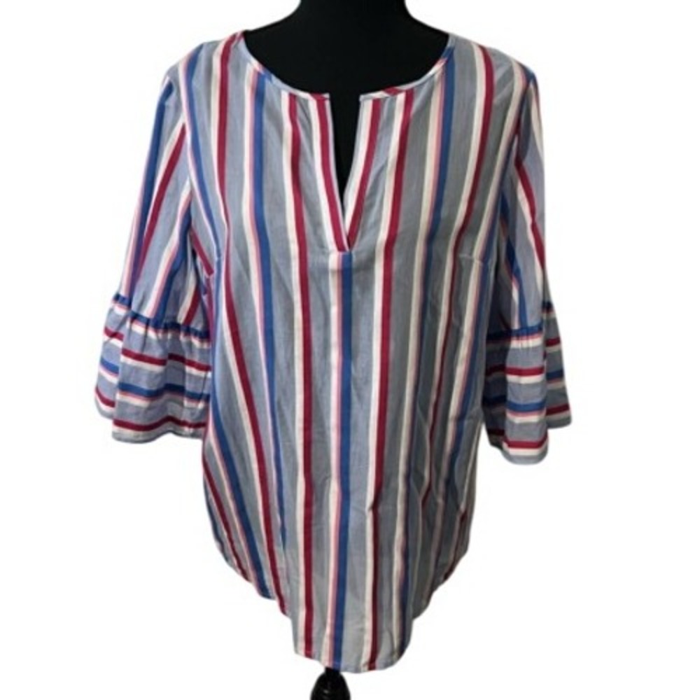 Ivanka Trump Striped V-Neck Babydoll Top Cotton‎ Ruffle Sleeve M Workwear Career